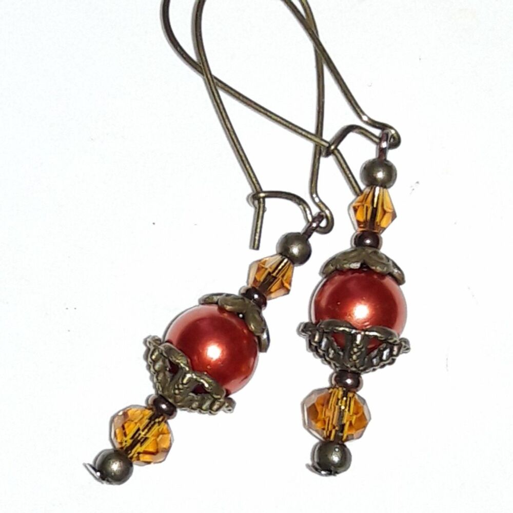 boho earrings 498#mfs Orange glass pearls earrings Victorian earrings bronze fil